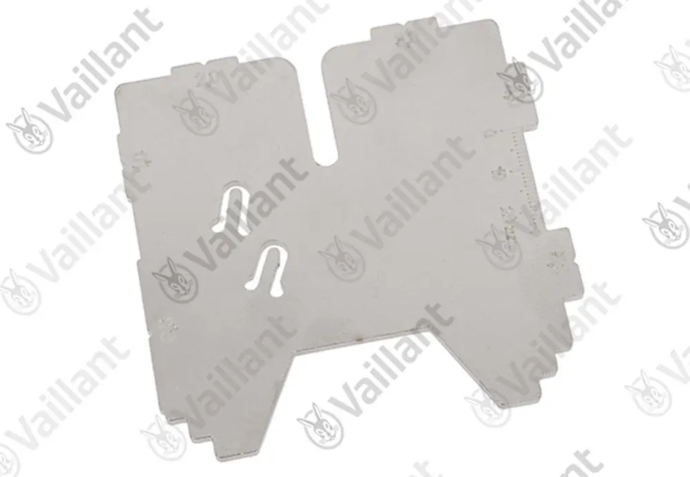 Vaillant Messplatte aus Metall mit Ausschnitten und Markierungen, geeignet für Vermessungszwecke in Heizsystemen.